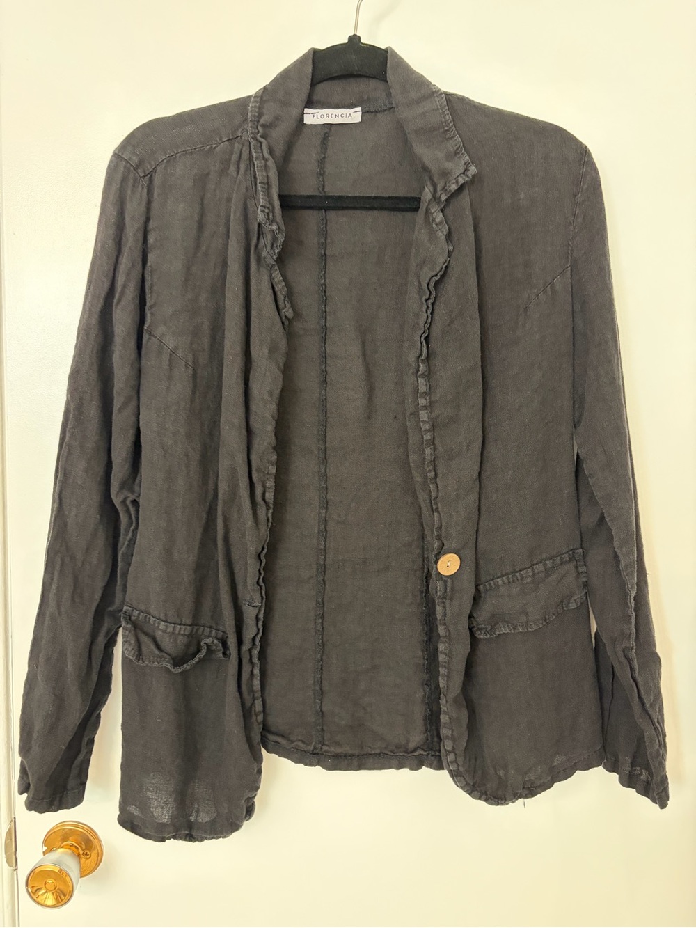 Women's Ruffled Open-Front Linen Jacket in Charcoal